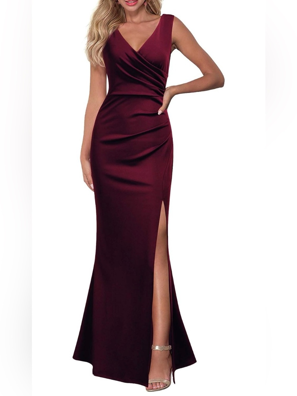 Woosea Burgundy Sleeveless Draped V-Neck Maxi Gown Slit Dress NWT L
